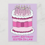 Happy Birthday Sister für Recht Cartoon Cake Postkarte<br><div class="desc">Ein großer Cartoon mit rosa-weißem Geburtstagskuchen auf mauvem Hintergrund mit den Worten 'Happy Birthday Schwesterschwester',  die unter dem Bild geschrieben sind.</div>