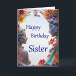 Happy Birthday Sister Glass Faces Card Karte<br><div class="desc">Diese Geburtstagskarte für eine Schwester zeichnet sich durch ein wunderbar künstlerisches und skurriles Design aus. Die Vorderseite der Karte zeigt sich in zwei eleganten, gemeißelten Frauenprofilen, die sich gegenüberstehen, gerahmt durch eine lebhafte Palette farbenfroher, zarter Blume, die ein Gefühl von Harmonie und Verbundenheit schaffen. Die Profile sind mit einer glatten,...</div>