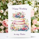 Happy Birthday Sister | Sentimental Personalisiert Karte<br><div class="desc">Eine Geburtstagskarte für Ihre Schwester mit hübschem Geburtstagskuchen mit rosa und lila Blumen und weißem Zuckerguss.</div>