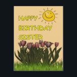 Happy Birthday Sister Sun und Blume Postkarte<br><div class="desc">Eine glückliche Geburtstagskarte,  um jedes Sister - Feld der Tulpen mit einer Happy Sun am Himmel zu fröhlich zu machen - Inside Text kann geändert werden,  um Ihre Bedürfnisse Anzug zu geben.</div>