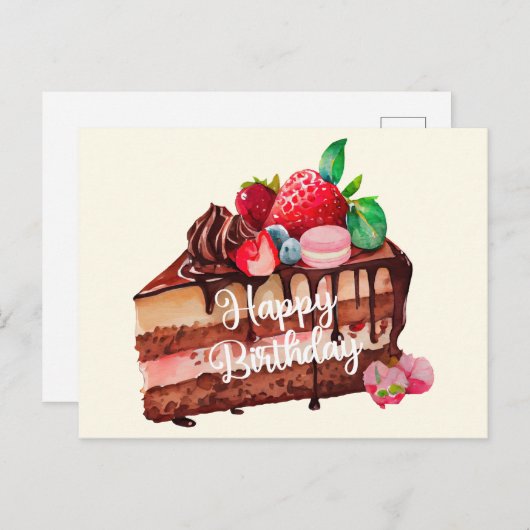 Happy Birthday Slice von Strawberry Chocolate Cake Postkarte (Vorne/Hinten)