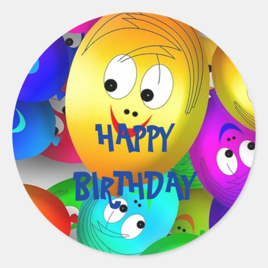 Happy Birthday Smiling Balloon Faces Runder Aufkleber (Vorderseite)