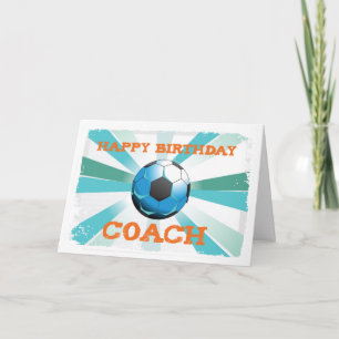 Happy Birthday Soccer Coach Orange auf Aquamarin, Karte