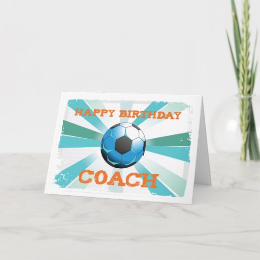 Happy Birthday Soccer Coach Orange auf Aquamarin, Karte (Vorderseite)