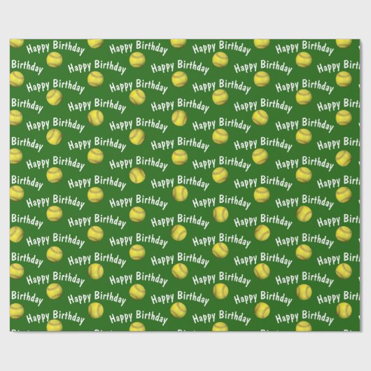 Happy Birthday Softballs auf Grün Geschenkpapier (Flach)