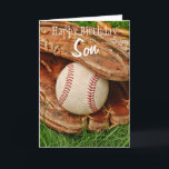 Happy Birthday Son Baseball with Mitt Karte<br><div class="desc">Perfect for any baseball fan's birthday! A baseball and mitt in the tall summer grass - totally customizable for you to personalize as you please!</div>