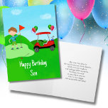 Happy Birthday Son Boy Golfer auf Golfplatz Karte<br><div class="desc">Diese Geburtstagskarte zum Thema Golf für Jungen ist ein Loch-in-one! Es ist perfekt für einen kleinen Golfspieler geeignet und verfügt über einen hellen,  roten Golfwagen mit bunten Ballons,  einen lustigen Geburtstagskuchen mit Golfball und einen kleinen Jungen Golfer,  der bereit ist,  auf das Grün zu setzen.</div>
