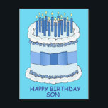 Happy Birthday Son Cartoon Cake and Candles Postkarte<br><div class="desc">Ein großer Cartoon Geburtstagstorte mit Kerzen auf beleuchteten Kerzen und die Worte "Happy Birthday Son" Set vor einem hellblauen Hintergrund.</div>