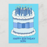 Happy Birthday Son Cartoon Cake and Candles Postkarte<br><div class="desc">Ein großer Cartoon Geburtstagstorte mit Kerzen auf beleuchteten Kerzen und die Worte "Happy Birthday Son" Set vor einem hellblauen Hintergrund.</div>