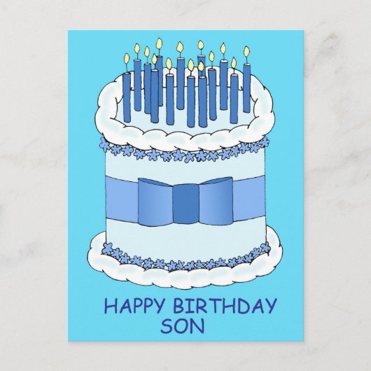 Happy Birthday Son Cartoon Cake and Candles Postkarte (Vorderseite)