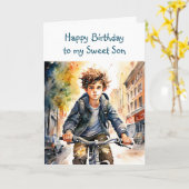 Happy Birthday Son | Junge auf dem Fahrrad in der  Karte (Gelbe Blume)