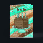 Happy Birthday Son Karte<br><div class="desc">Aquamarine und braune Happy Birthday Card für einen Sohn. Niedliche handgezeichnete Grafik von Schokoladenkuchen, Kerzen und Geschenken.</div>