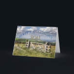 Happy Birthday Son, Landschaft mit Tor Karte<br><div class="desc">Eine atemberaubende Landschaft,  die über das Tor eines rustikalen Bauern blickt. Dies ist eine großartige Geburtstagskarte,  die Sie anpassen können.</div>