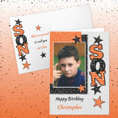 Happy Birthday Son Orange und Black Foto Karte