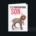 Happy Birthday Son Young Puppy in Hat and Krawatte Feiertagskarte<br><div class="desc">Dieser Kurze deutsche Hair Pointer Welpe gekleidet in einer Krawatte und Party,  ist eine niedliche Art,  Ihren Sohn lassen wissen,  dass er immer ein junger Junge in Ihren Augen sein wird,  wenn Sie ihm einen glücklichen Geburtstag wünschen.</div>