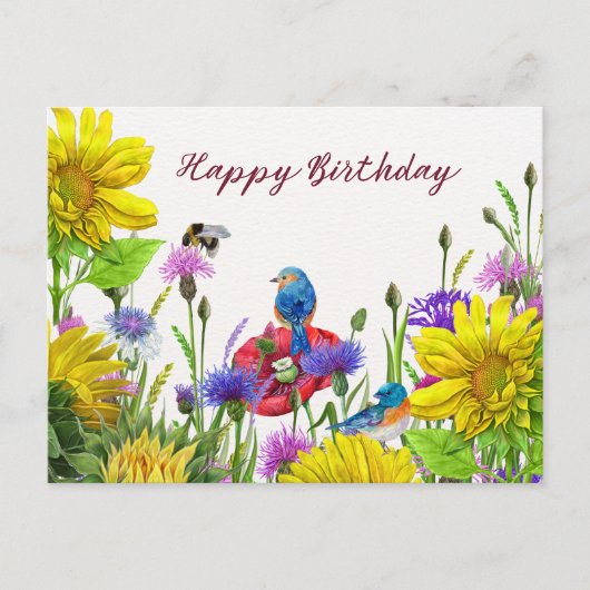 Happy Birthday Sonnenblumen, Wildblumen Natur Postkarte (Vorderseite)