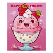Happy Birthday Sorbet Ice-Creme Kawaii Cartoon Poster (Vorderseite)