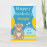 Happy Birthday Special Grandson Teddy Bär blau Karte<br><div class="desc">Personalisieren Sie diese Happy Birthday Card für einen ganz besonderen Grandson.
Blau,  gelb und braun,  mit einem niedlichen Teddybär.
Fügen Sie einen Namen und Ihre Nachricht hinzu.
Alles Gute zum GeburtstagMit Liebe</div>