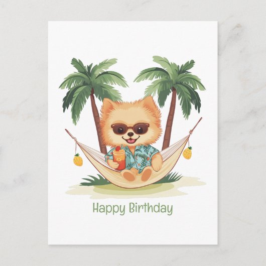 Happy Birthday Spitz Hund in einer Hängematte Postkarte (Vorderseite)