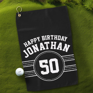 Happy Birthday Sport Streifen mit Alter weiß schw Golfhandtuch