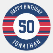 Happy Birthday Sports Jersey Streifen Name und Alt Runder Aufkleber (Vorderseite)