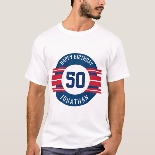 Happy Birthday Sports Jersey Streifen Name und Alt T-Shirt (Vorderseite)