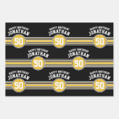 Happy Birthday Sports Stripes mit Age Gold Black Geschenkpapier Set (Vorderseite 2)