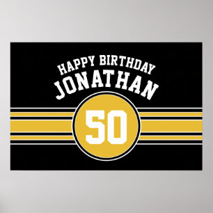 Happy Birthday Sports Stripes mit Age Gold Black Poster