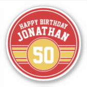 Happy Birthday Sports Stripes mit Age Gold Red Aufkleber (Vorderseite)