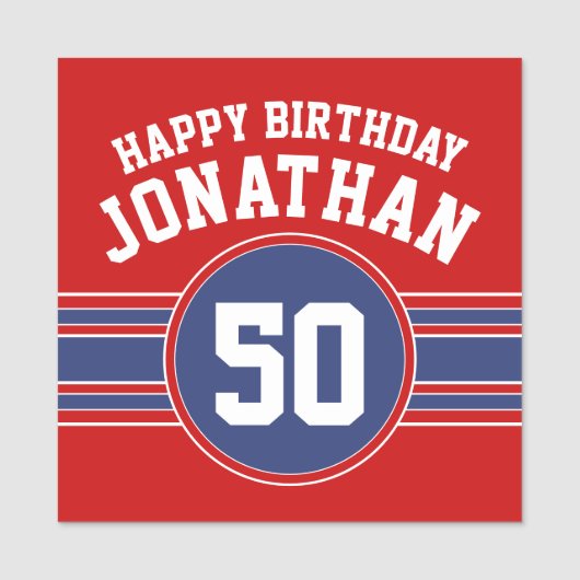 Happy Birthday Sports Stripes mit Age Red Blue Namensschild (Vorderseite)