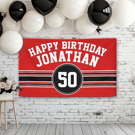 Happy Birthday Sports Stripes with Age - Red Black Banner