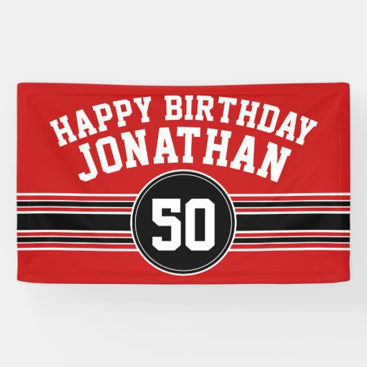 Happy Birthday Sports Stripes with Age - Red Black Banner (Horizontal)