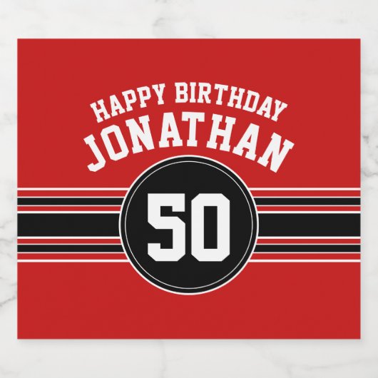 Happy Birthday Sports Stripes with Age - Red Black Bierflaschenetikett (Einzelnes Label)