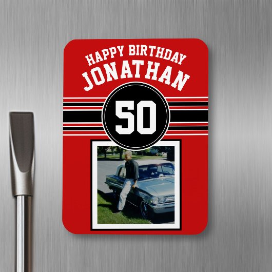 Happy Birthday Sports Stripes with Age - Red Black Magnet