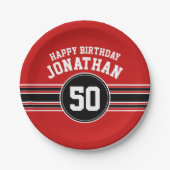 Happy Birthday Sports Stripes with Age - Red Black Pappteller (Vorderseite)