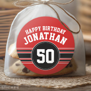 Happy Birthday Sports Stripes with Age - Red Black Runder Aufkleber