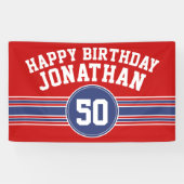 Happy Birthday Sports Stripes with Age - Red Blue Banner (Horizontal)