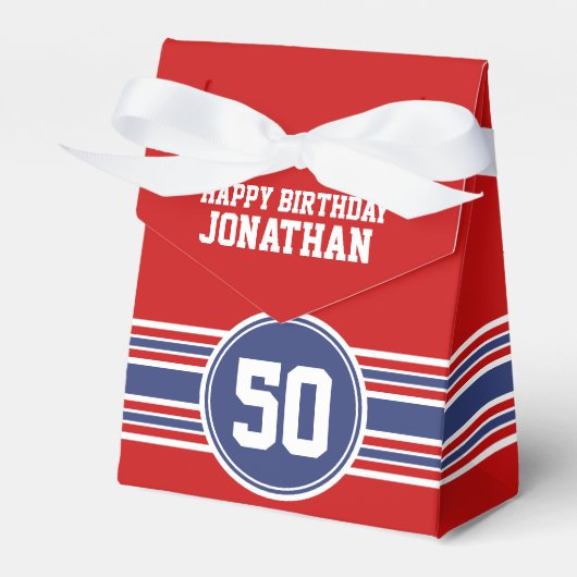 Happy Birthday Sports Stripes with Age - Red Blue Geschenkschachtel (Vorderseite)