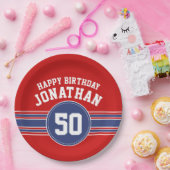 Happy Birthday Sports Stripes with Age - Red Blue Pappteller (Party)