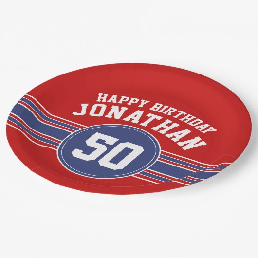 Happy Birthday Sports Stripes with Age - Red Blue Pappteller (Schrägansicht)