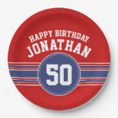Happy Birthday Sports Stripes with Age - Red Blue Pappteller (Vorderseite)