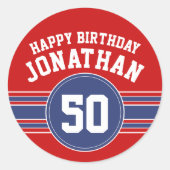 Happy Birthday Sports Stripes with Age - Red Blue Runder Aufkleber (Vorderseite)