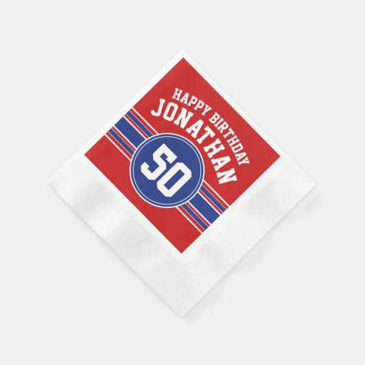 Happy Birthday Sports Stripes with Age - Red Blue Serviette (Ecke)