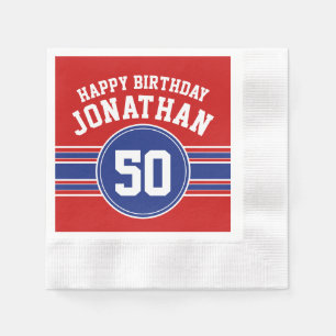 Happy Birthday Sports Stripes with Age - Red Blue Serviette