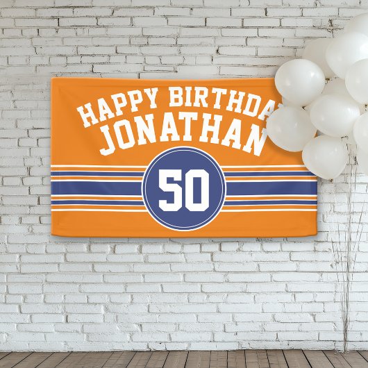 Happy Birthday Sportstreifen mit Age Orange Blue Banner