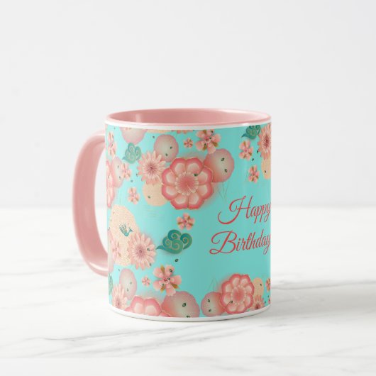 Happy Birthday Spring Peach Blume Garden Pattern Tasse (Vorderseite Links)