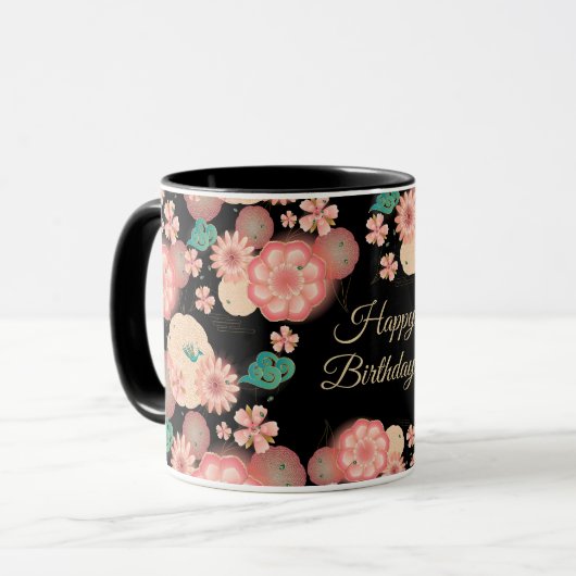 Happy Birthday Spring Peach Blume Garden Pattern Tasse (Vorderseite Links)