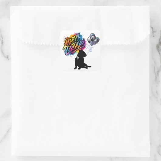 Happy Birthday Square Aufkleber mit Frenchie (Tasche)