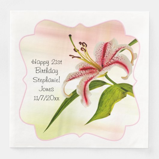 Happy Birthday Stargazer Lily Floral Fotografie Serviette (Vorderseite)