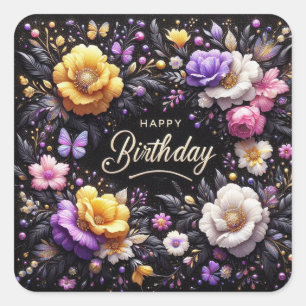 Happy Birthday Sticker: Elegantes Schwarz Quadratischer Aufkleber